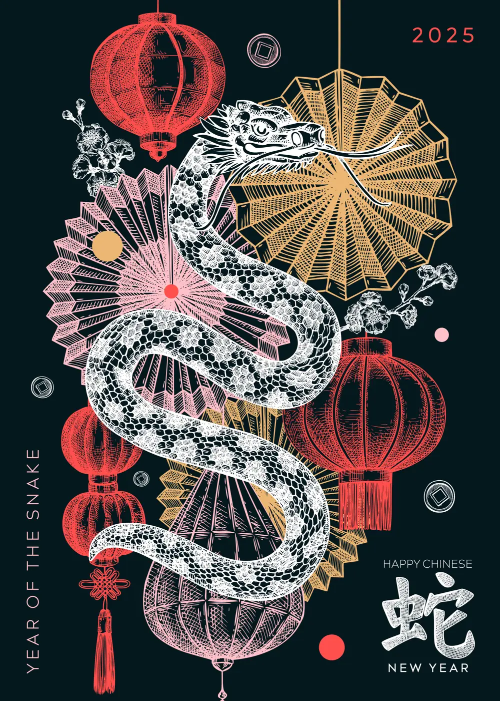 Chinese New Year greeting card. Snake chalk drawing. 2025 Lunar New Year party invitation. Hand-drawn vector illustration. NOT AI generated Illustration